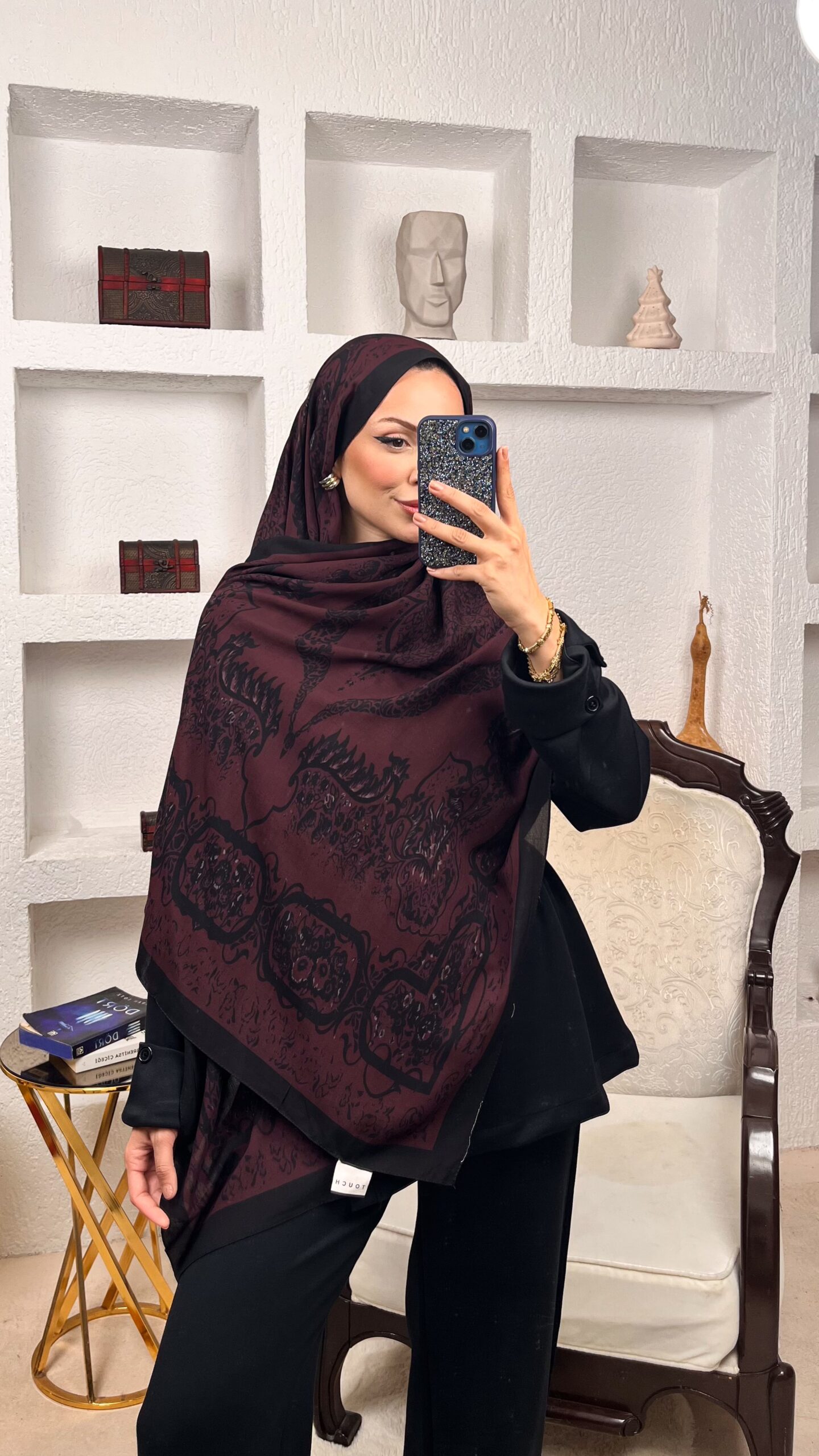 Touch İthal Etnik Desen Pamuk İpek Şal- 99990 - Bordo