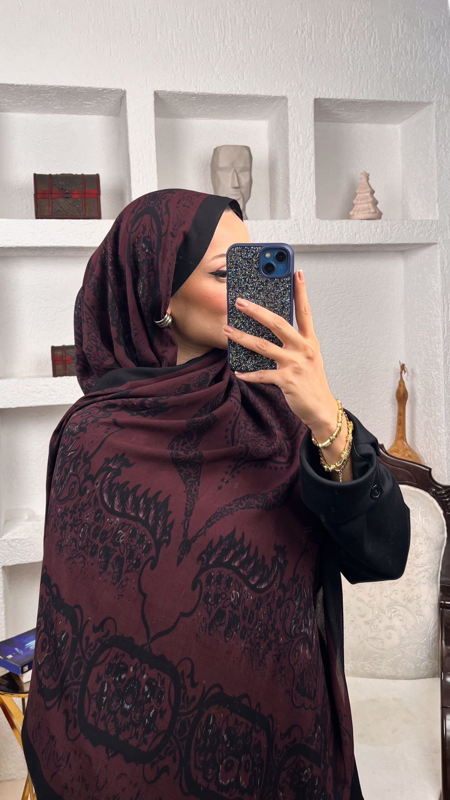 Touch İthal Etnik Desen Pamuk İpek Şal- 99990 - Bordo - Görsel 2