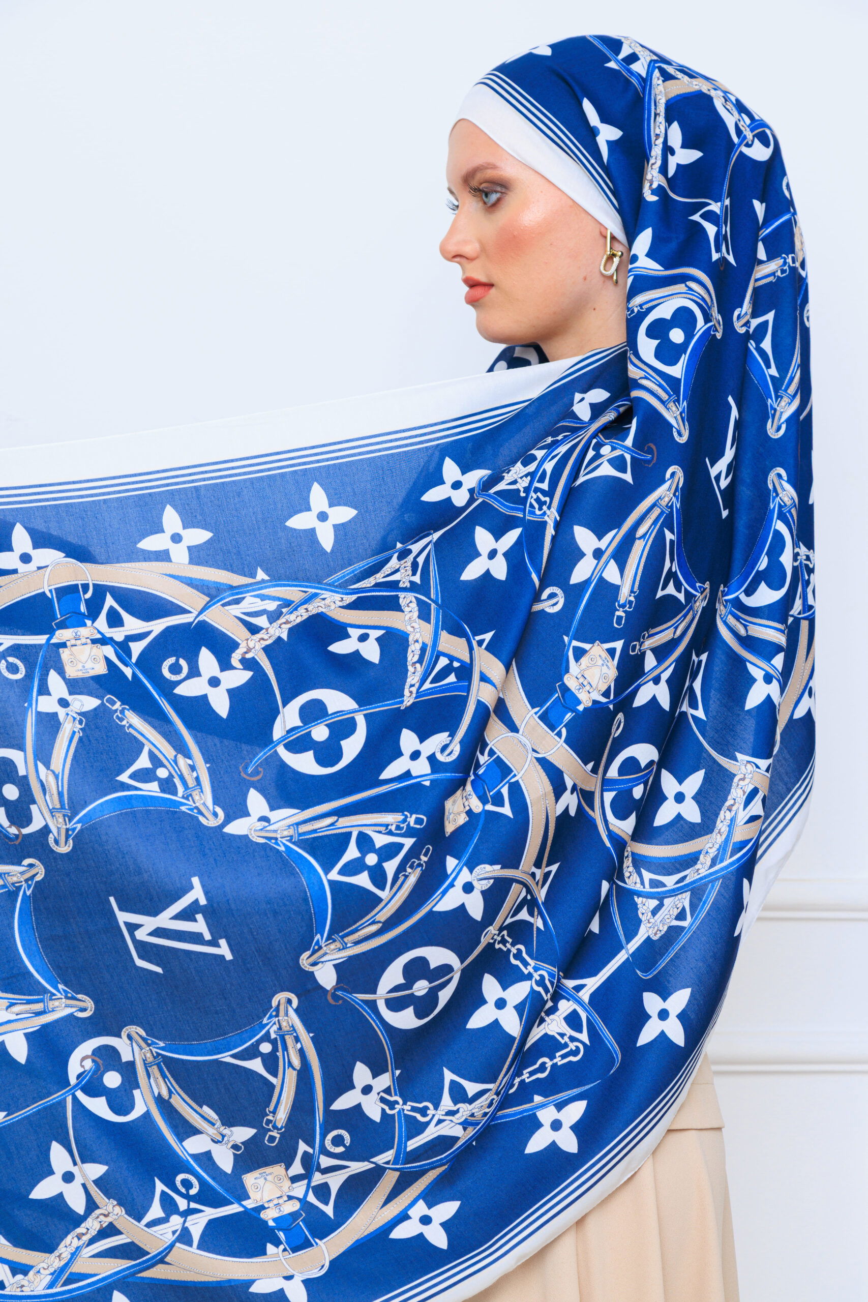 Lv Kemer Desen Pamuk Soft Şal 31230 - Lacivert