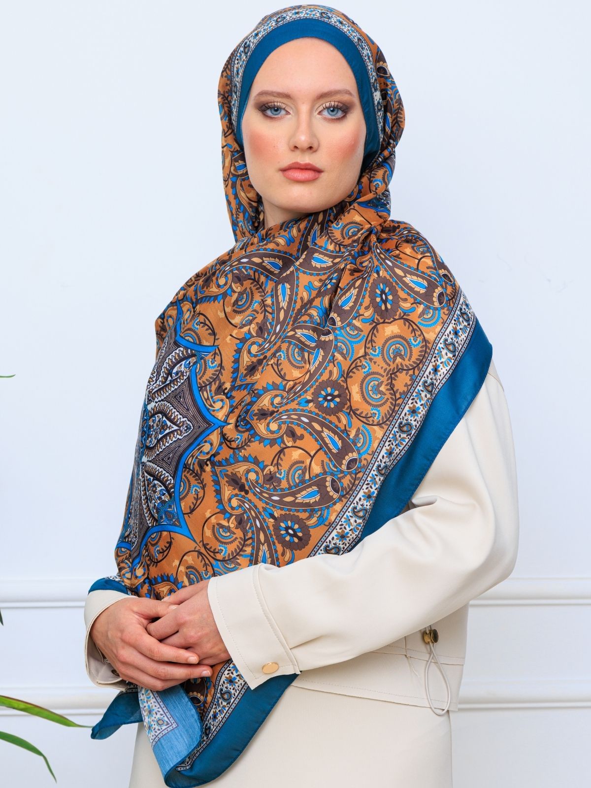 Etro Buta Desenli Pamuk Soft Şal - 377350 - Bebe mavisi Gold - Görsel 4