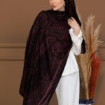 Touch İthal Etnik Desen Yün İpek Şal - Siyah-Koyu Gül Kurusu