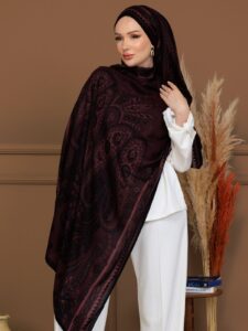 Touch İthal Etnik Desen Yün İpek Şal - Siyah-Koyu Gül Kurusu