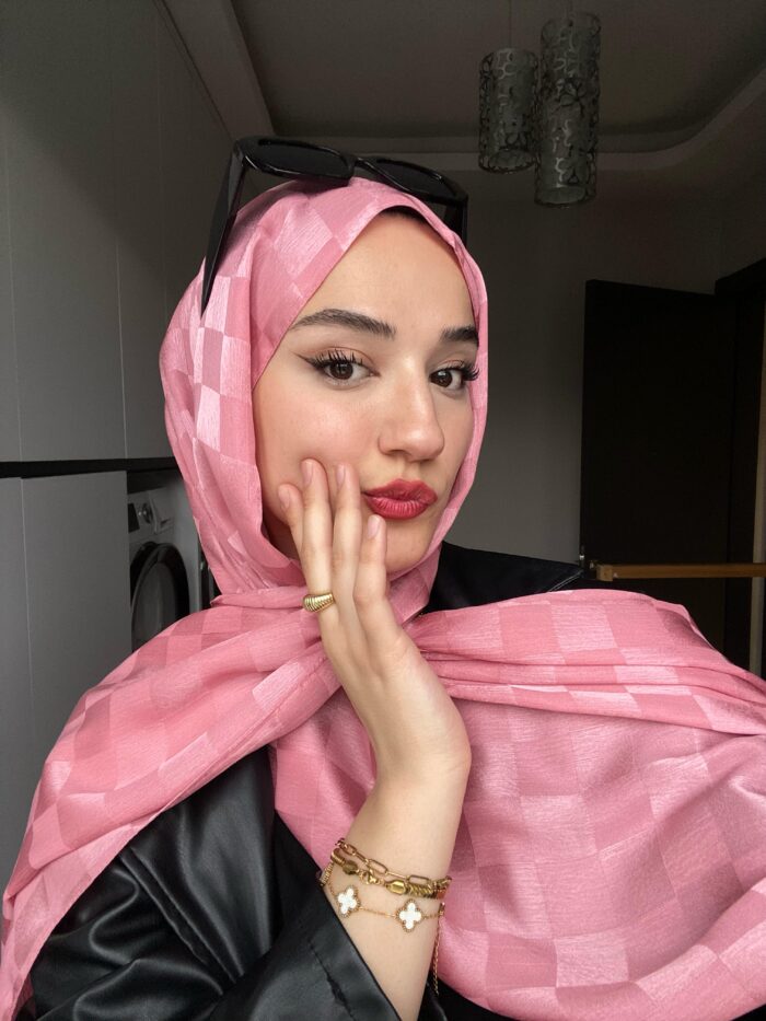 Dama Desen Jakar Şal - Koyu Pembe - Görsel 2