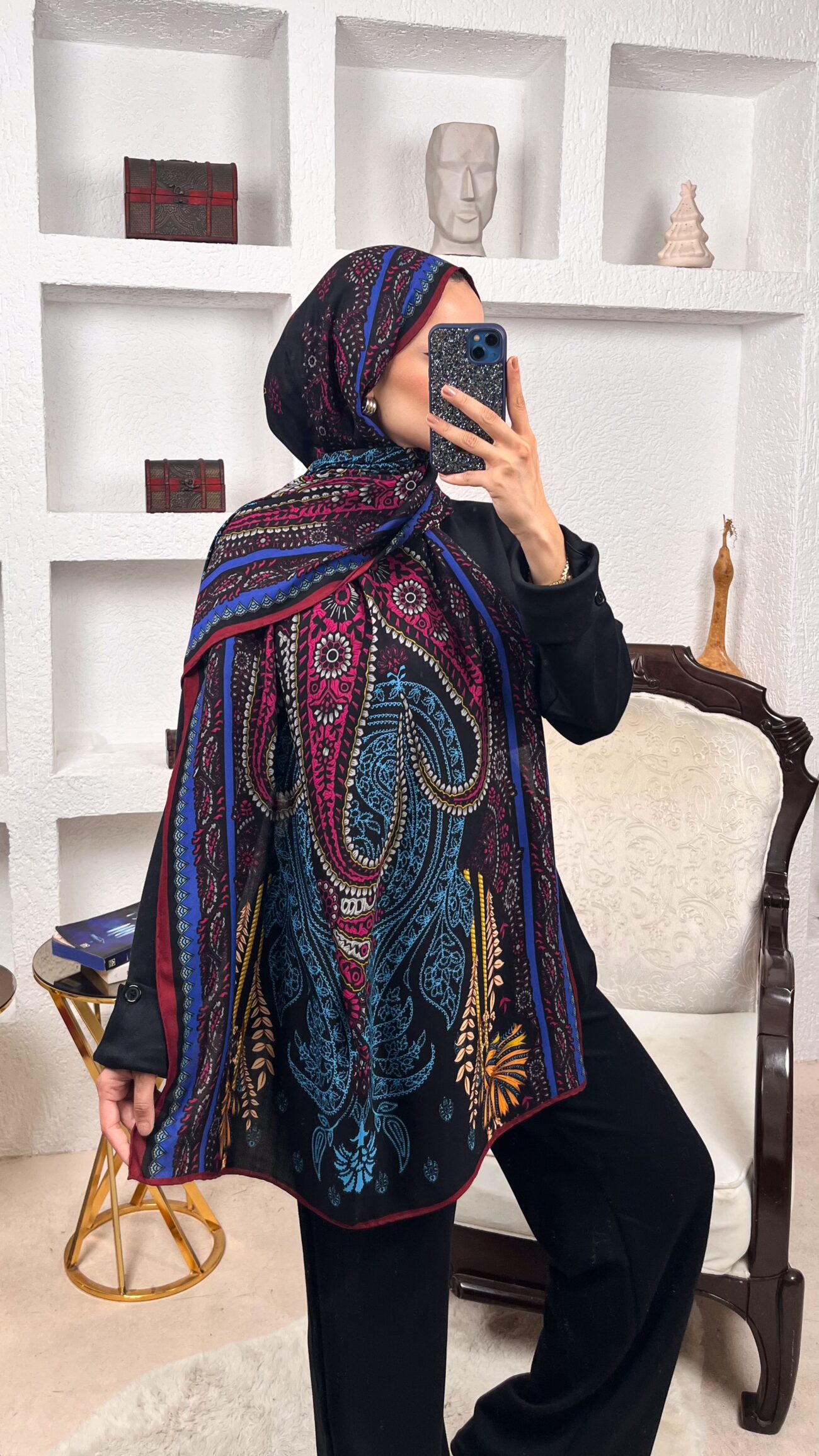 Touch İthal Etnik Desen Yün İpek Şal- Mürdüm-Siyah - Görsel 3