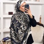 Hermes Leopar Çift Taradlı Vual İpek Şal 11143 - Ekru Haki