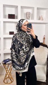 Hermes Leopar Çift Taradlı Vual İpek Şal 11143 - Ekru Haki