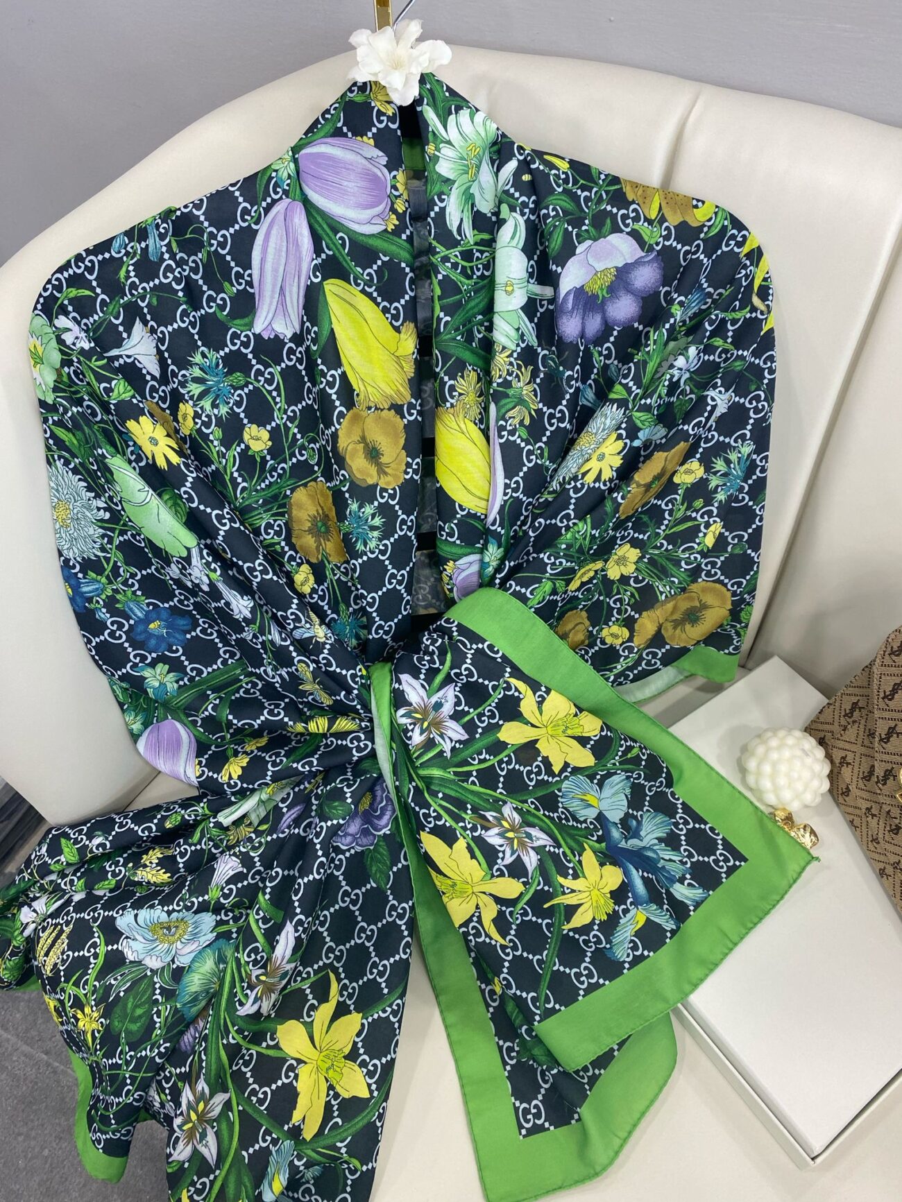 Gucci Çiçek Desen Pamuk Soft Şal 65355 - Siyah/Yeşil