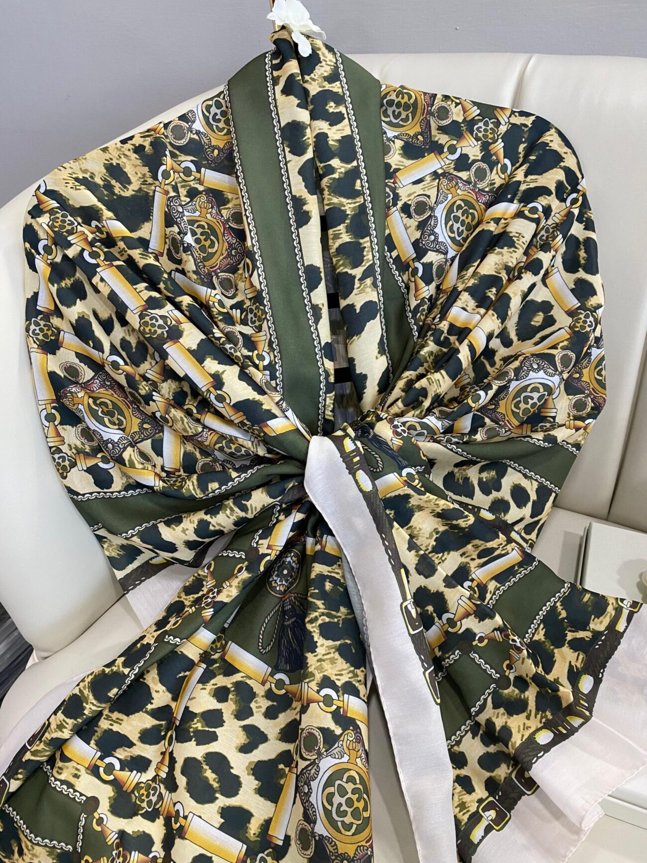 Hermes Leopar Pamuk Soft Şal 65329 - Haki