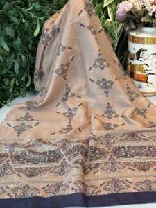 Kupa Desenli Pamuk İpek Şal - 797730 - Vizon-Lacivert