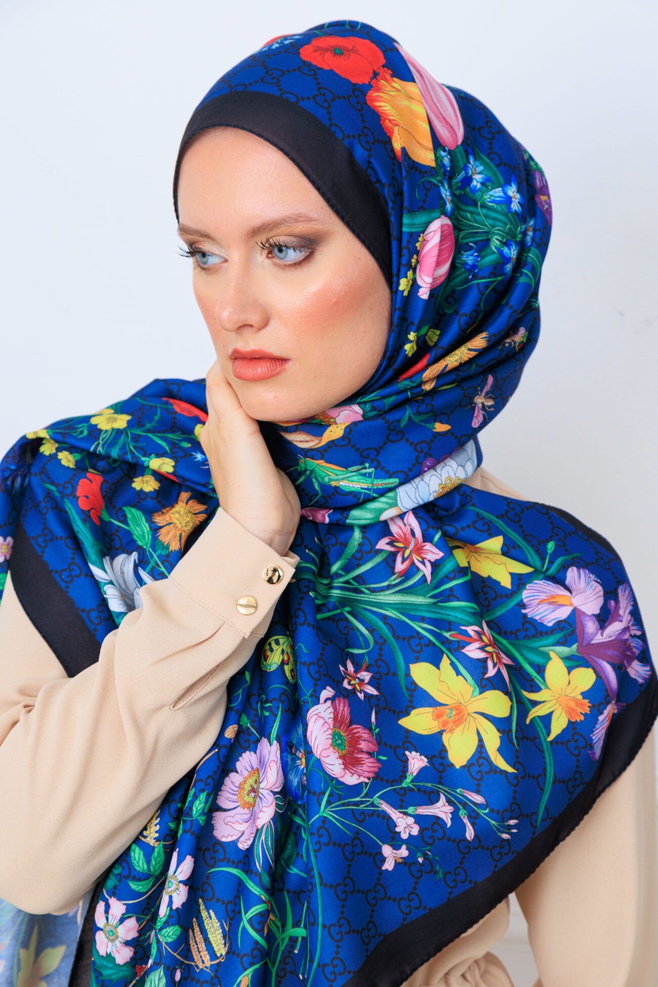 Gucci Çiçek Desen Pamuk Soft Şal 65355 - Lacivert - Görsel 5