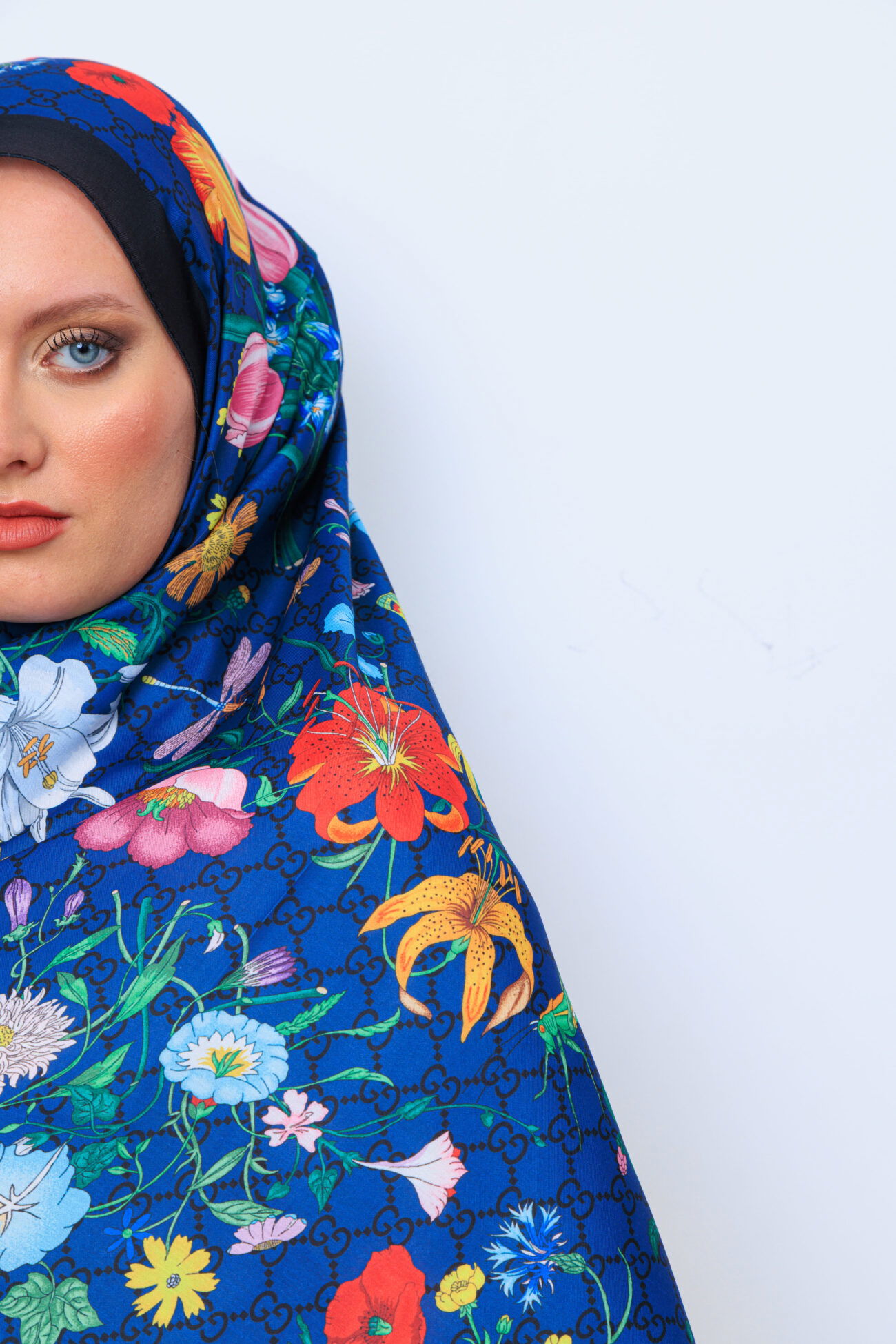 Gucci Çiçek Desen Pamuk Soft Şal 65355 - Lacivert - Görsel 2