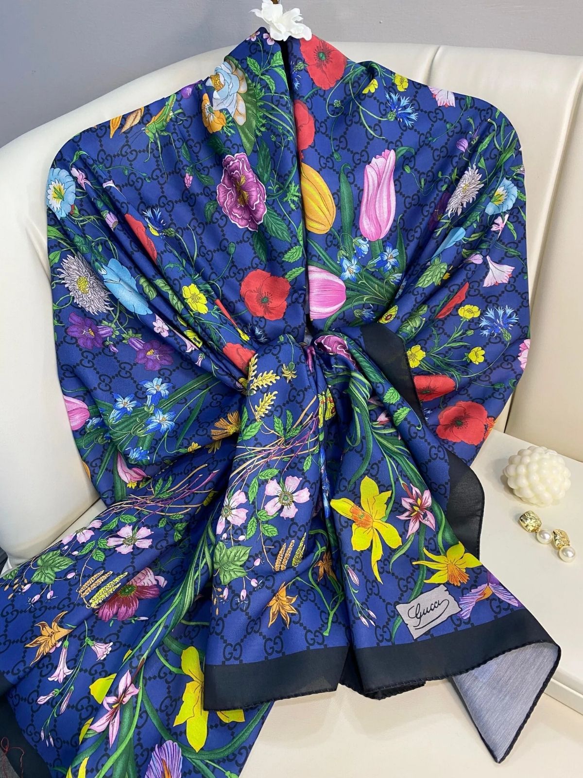 Gucci Çiçek Desen Pamuk Soft Şal 65355 - Lacivert - Görsel 6