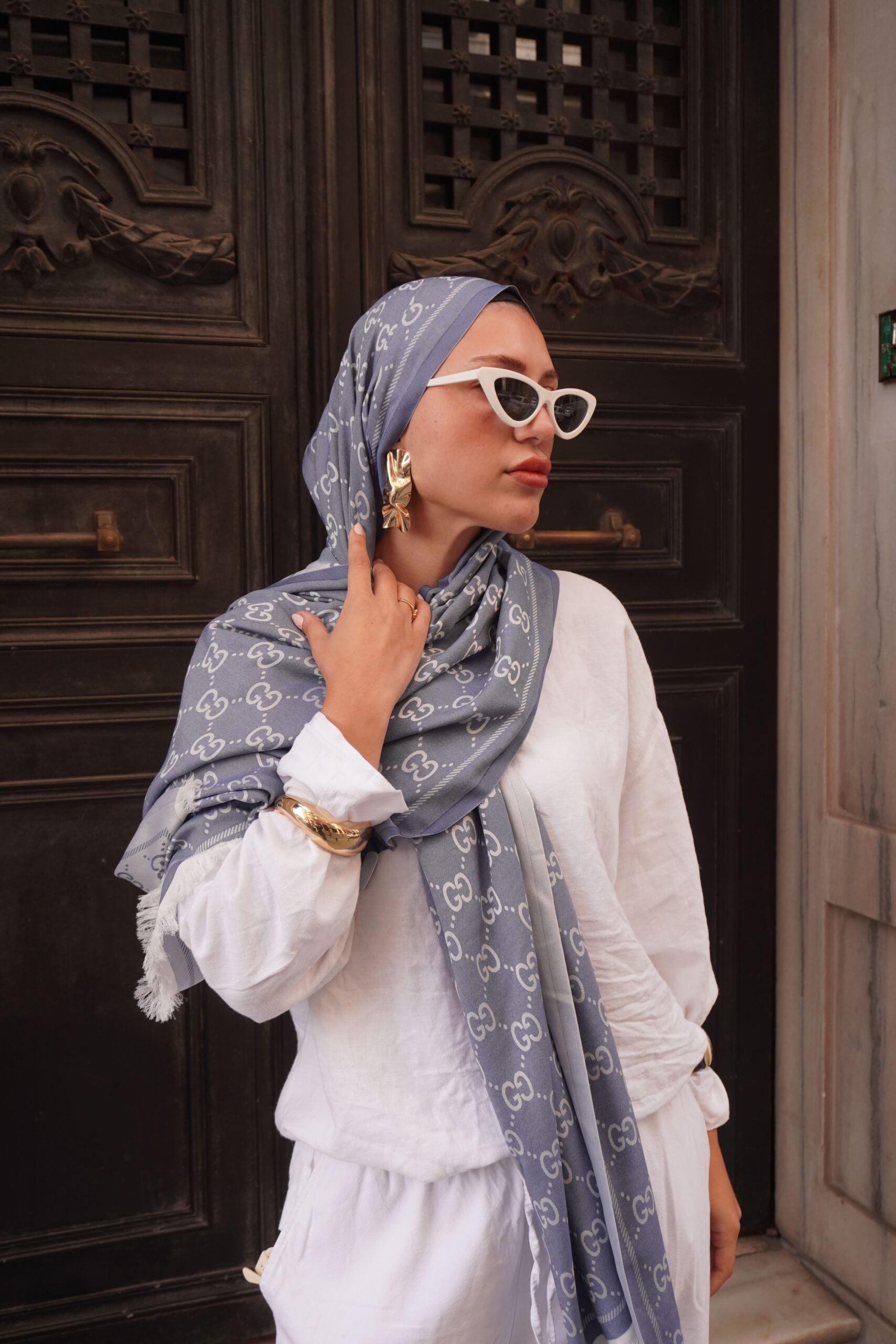 G Desenli İpek Kaşmir Çift Taraflı Şal 440344 - buz mavisi