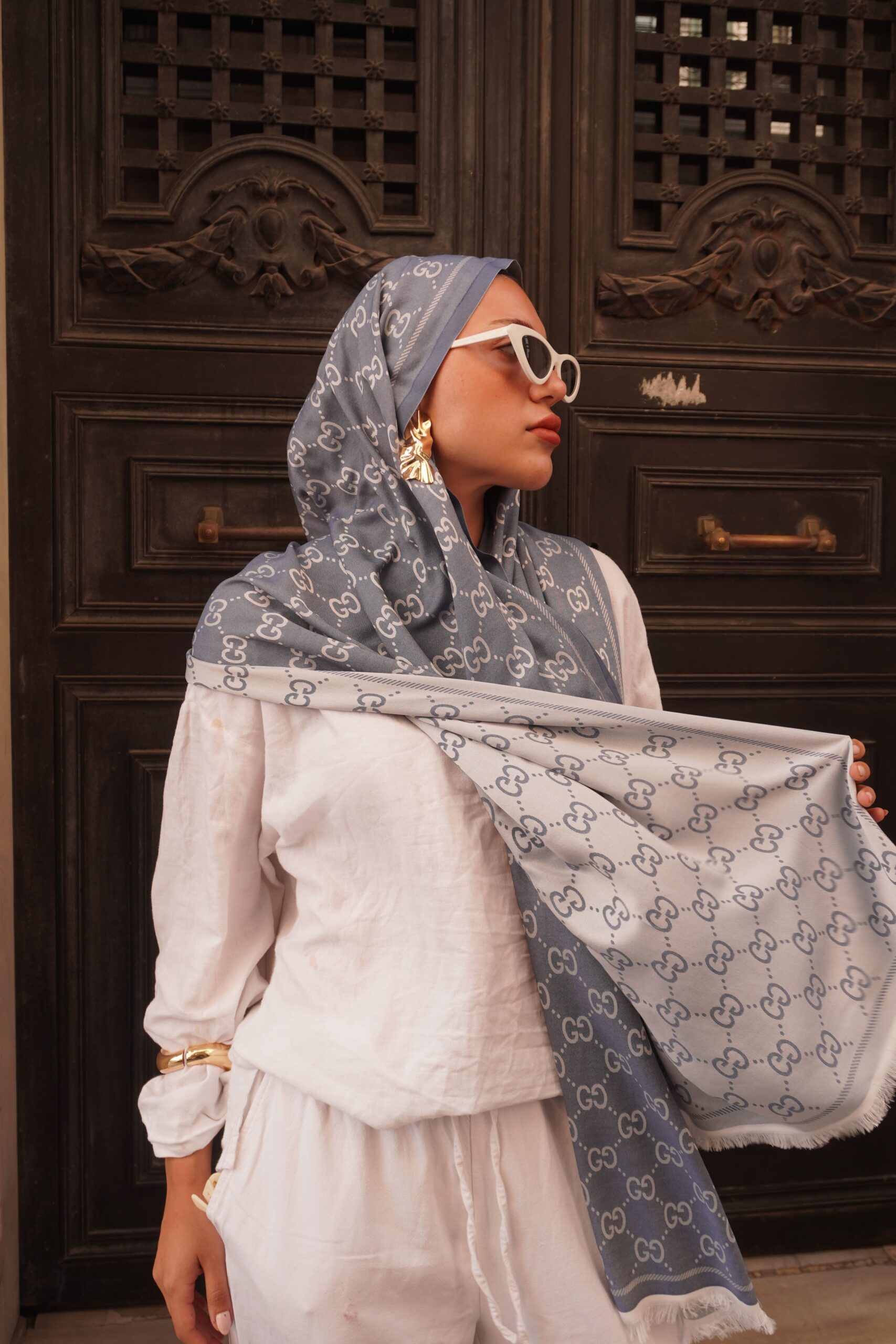 G Desenli İpek Kaşmir Çift Taraflı Şal 440344 - buz mavisi - Görsel 3