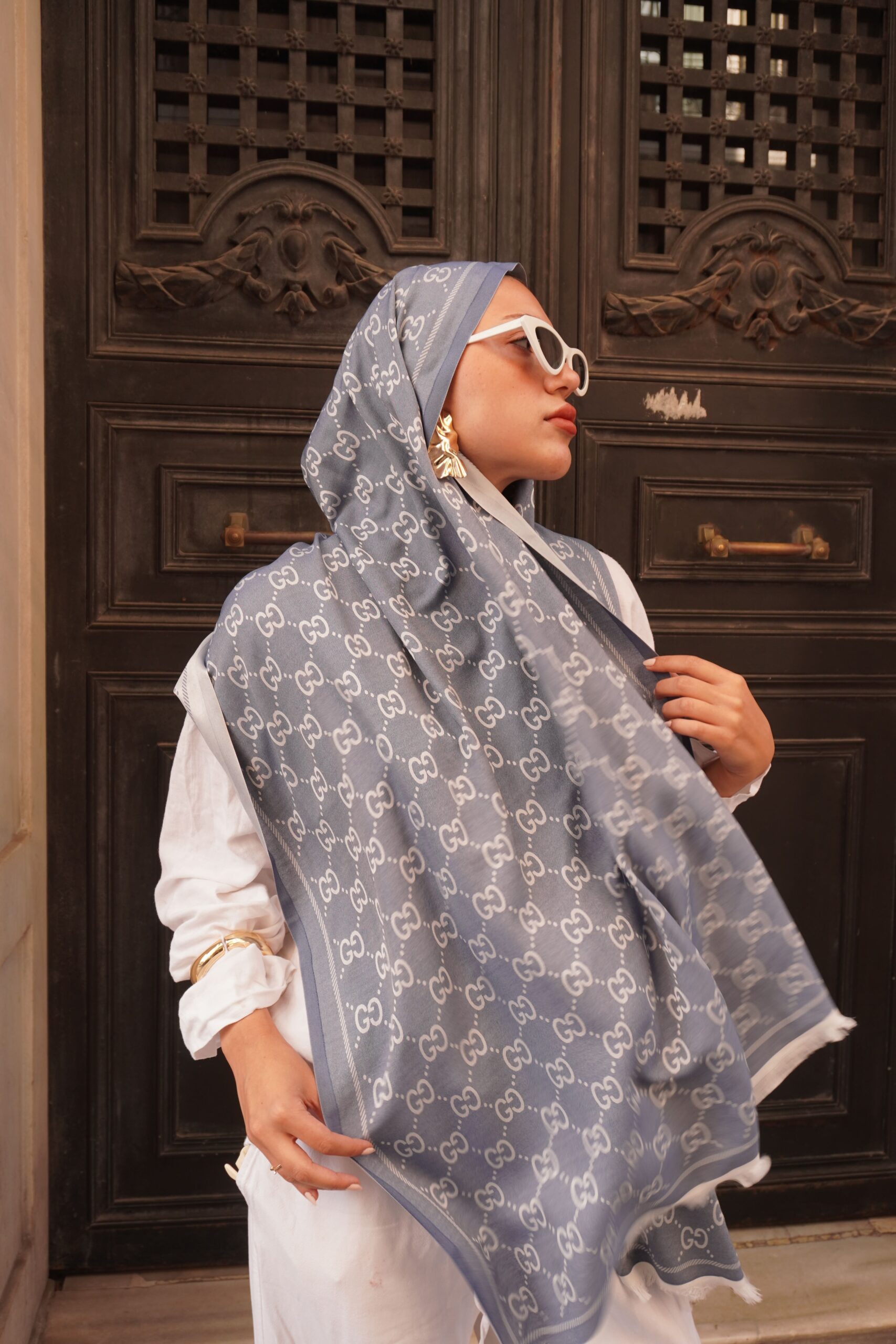 G Desenli İpek Kaşmir Çift Taraflı Şal 440344 - buz mavisi - Görsel 2