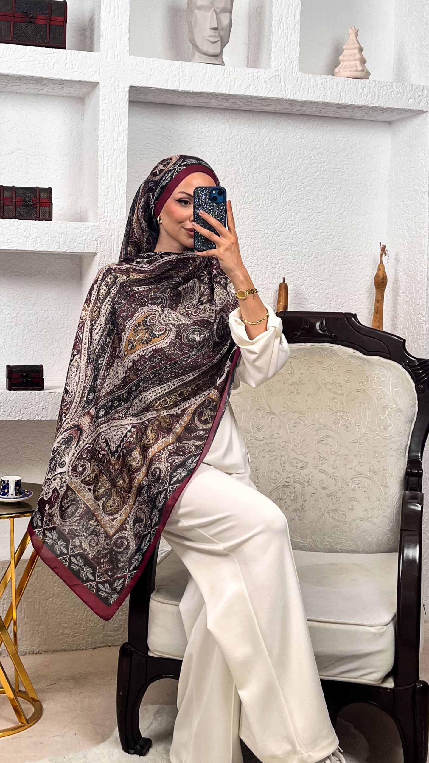 Çini Desen Pamuk İpek Şal -7458- MÜRDÜM