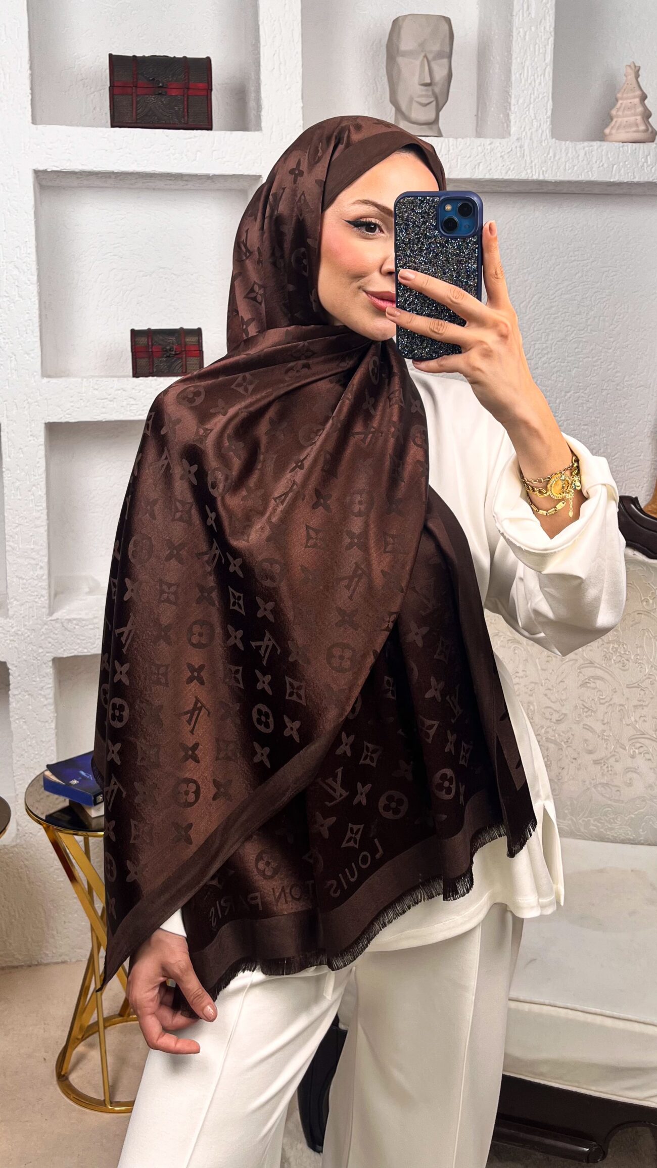 İthal Lv Kaşmir İpek Şal 49104 - Koyu kahve - Görsel 3