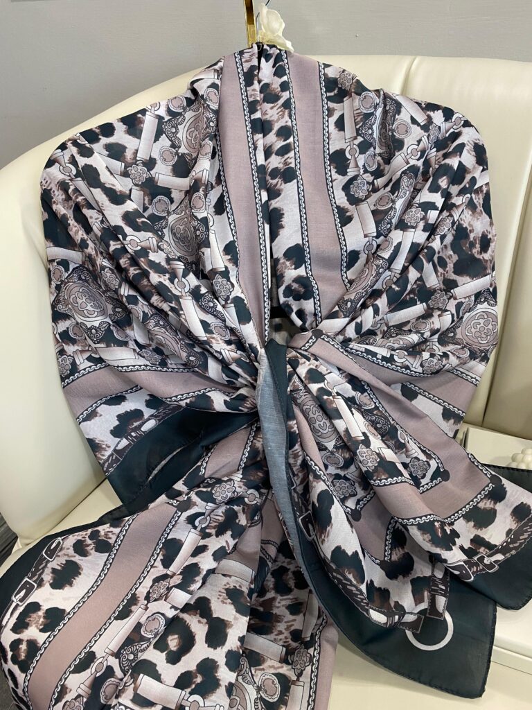 Hermes Leopar Pamuk Soft Şal 65329 - SİYAH- AÇIK LATTE