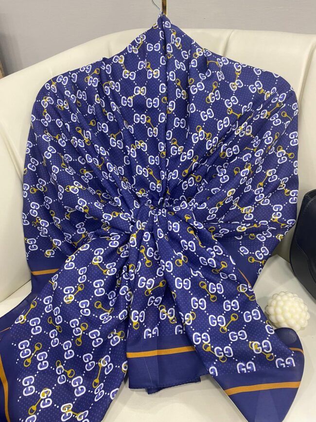 NEW GUCCİ Desen Pamuk İpek Şal-64750- Mavi Gold