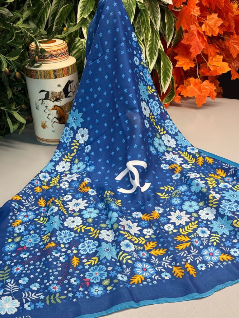 Chanel İthal Vual İpek Çiçek Desen Şal - Saks