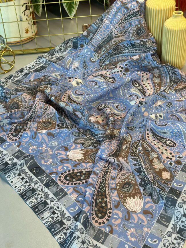 Etro Etnik Desen Pamuk Şal -852085 - MAVİ-GRİ