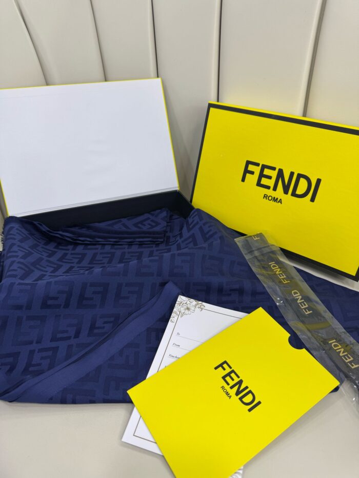 Fendi Tam Set Kutulu İthal Kaşmir İpek Şal - Lacivert - Görsel 3