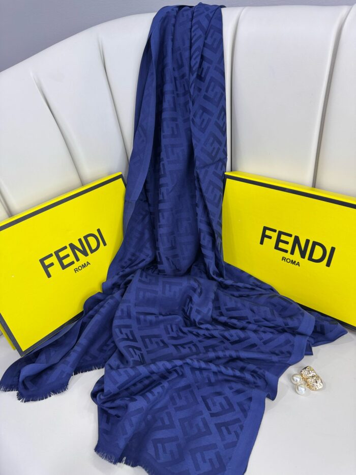 Fendi Tam Set Kutulu İthal Kaşmir İpek Şal - Lacivert - Görsel 2