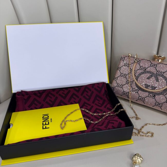 Fendi Tam Set Kutulu İthal Kaşmir İpek Şal - Bordo