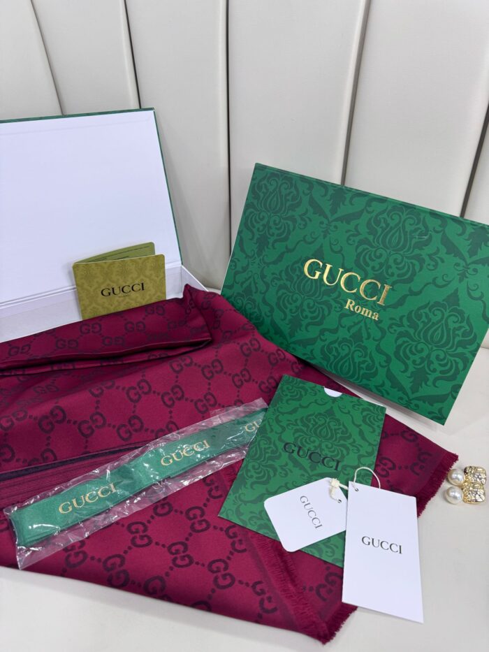 Gucci Tam Set Kutulu İthal Kaşmir İpek Şal - Bordo - Görsel 2
