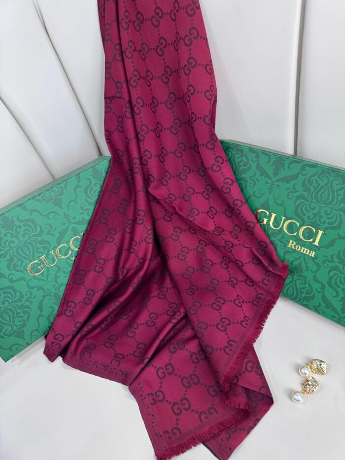 Gucci Tam Set Kutulu İthal Kaşmir İpek Şal - Bordo - Görsel 3
