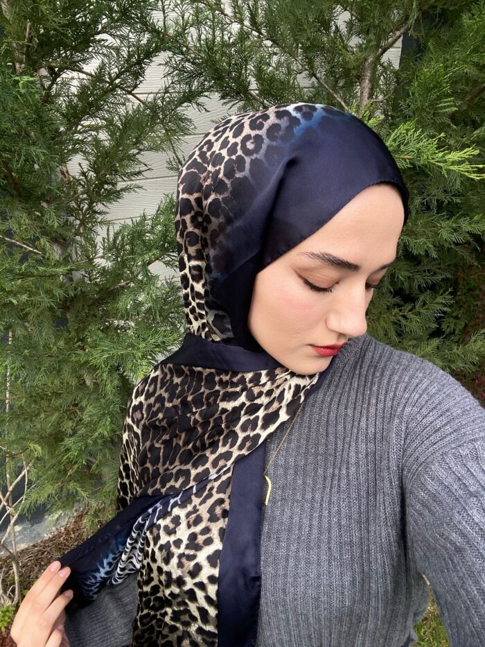 İthal Jaguar Desenli Çifttaraflı Vual İpek Şal-34014 Lacivert - Görsel 4