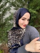 İthal Jaguar Desenli Çifttaraflı Vual İpek Şal-34014 Lacivert