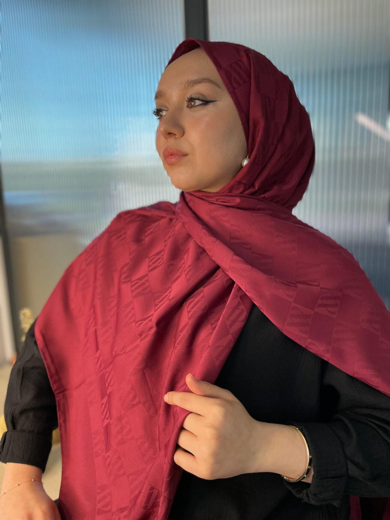 Özgün Desen İpeksi Jakar Şal - 75989-Bordo