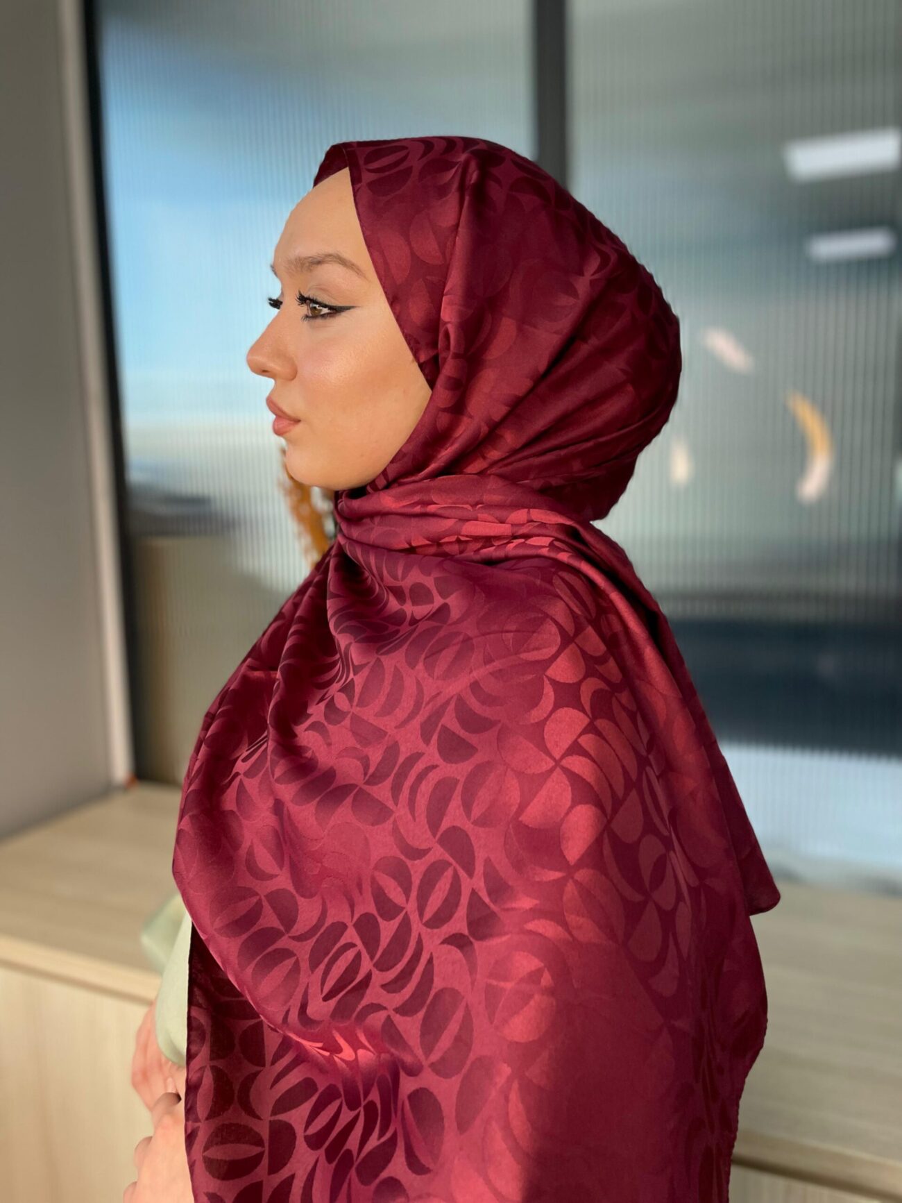 Yarım Ay Desen İpeksi Jakar Şal-75652- Bordo
