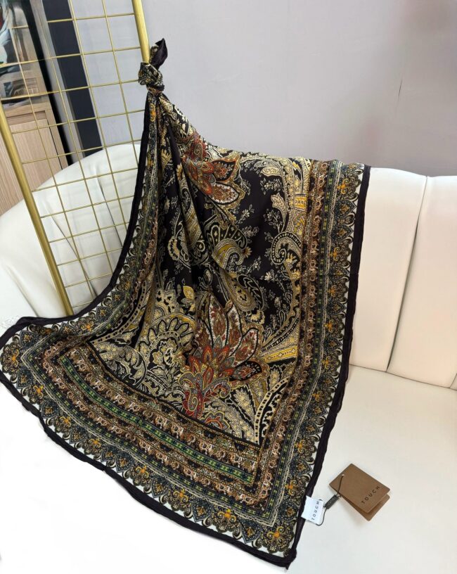 Touch İthal Etnik Desen Yün İpek Şal-20450-Acıkahve-Hardal