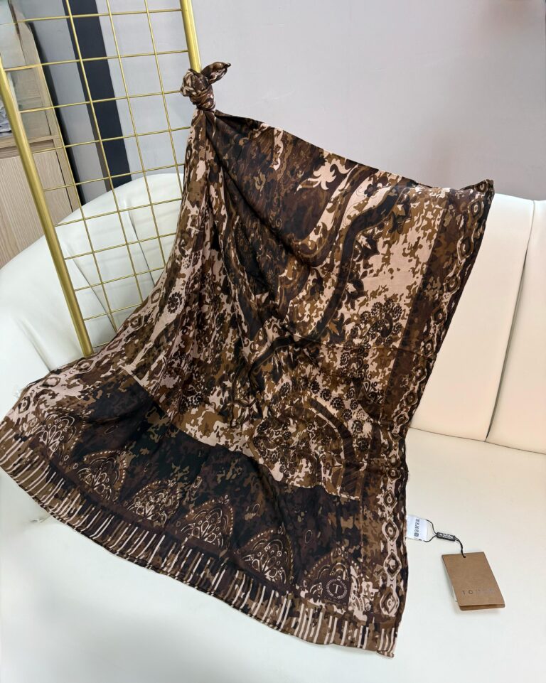 Touch İthal Etnik Desen Yün İpek Şal-34550-Kahve-Bej