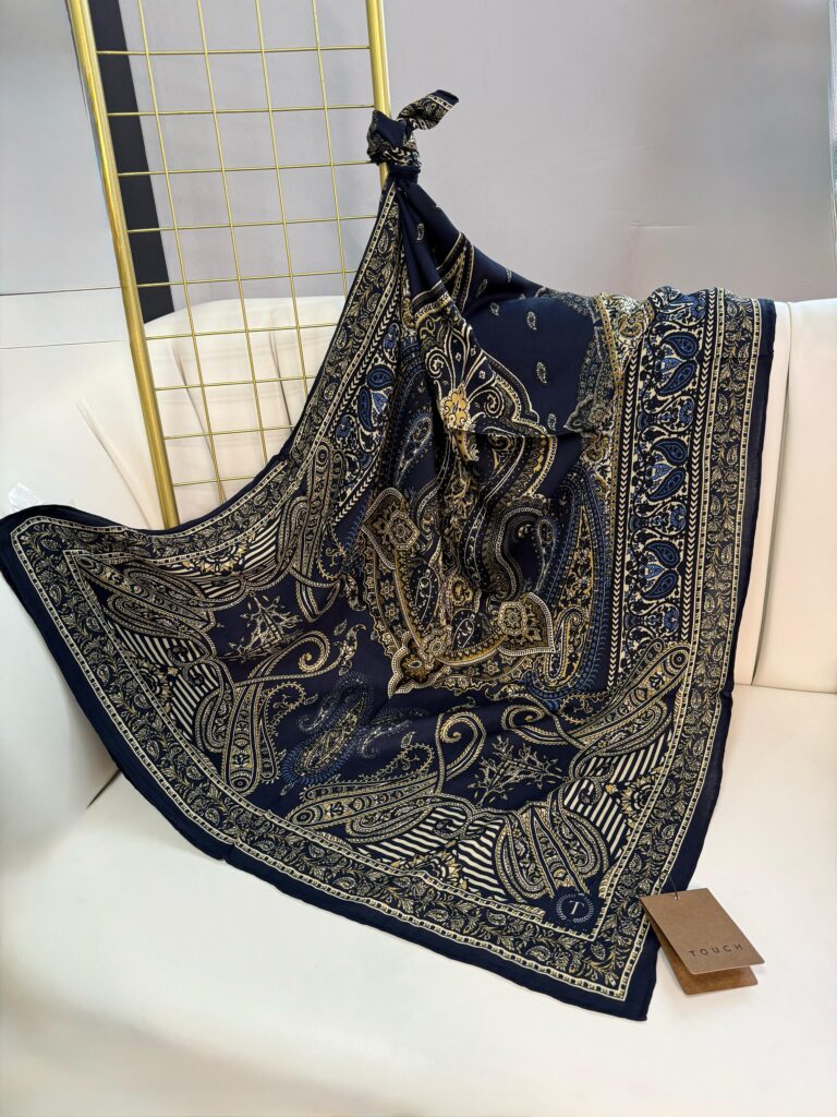 Touch İthal Etnik Desen Yün İpek Şal 34880 –Lacivert-Camel