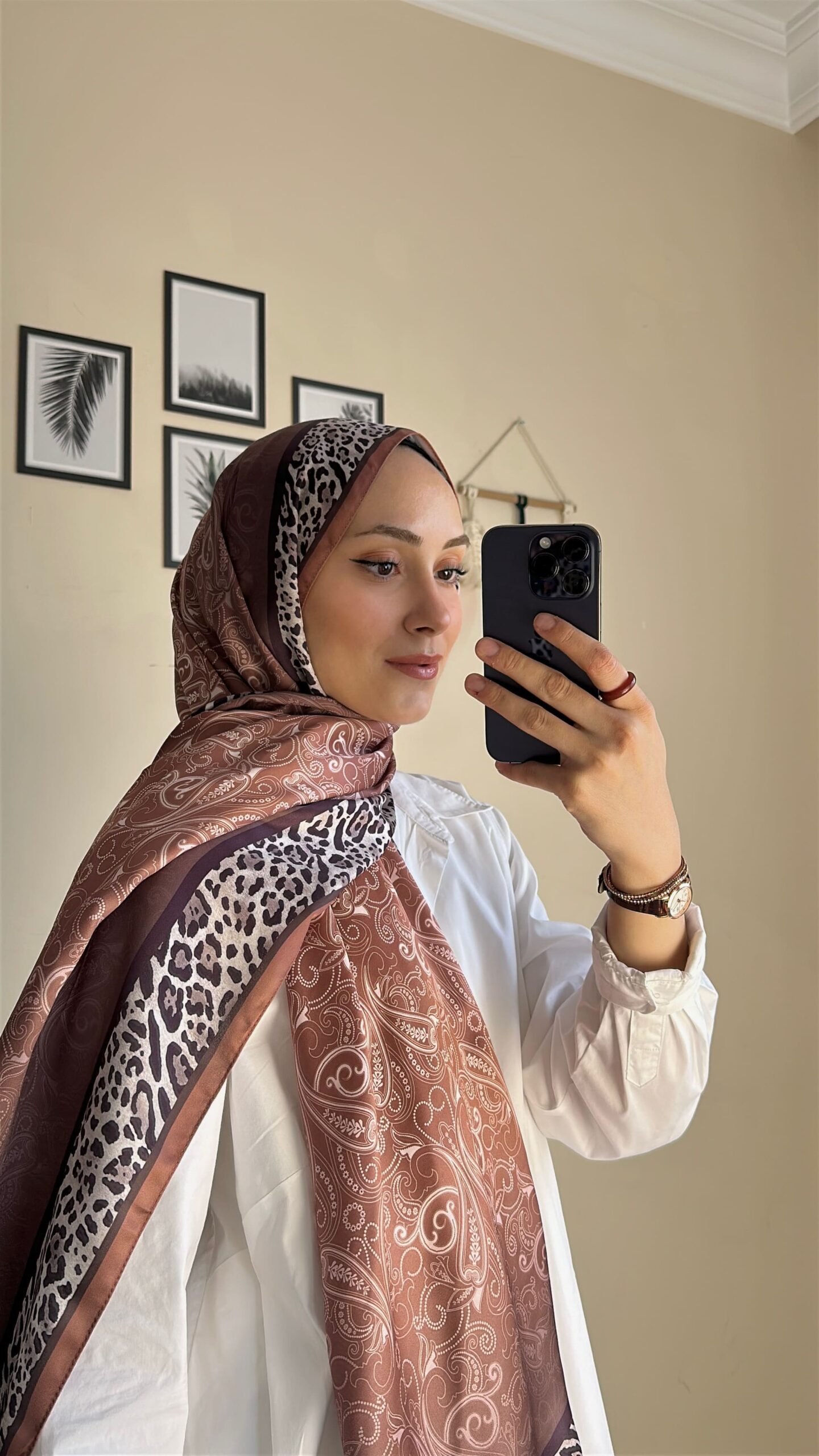 Leopar Detaylı Pamuk İpek Şal-456654-Kahve