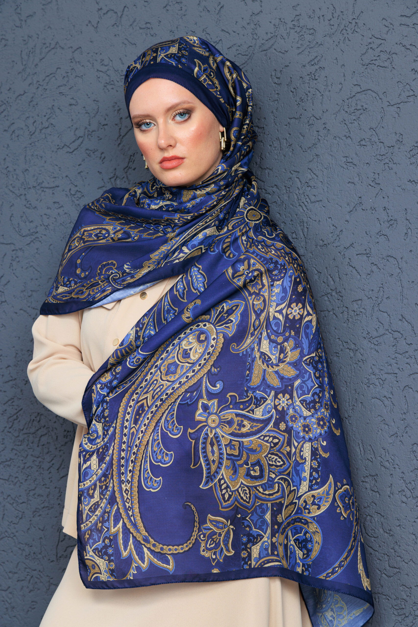 İnci Gecesi Desen Pamuk İpek Şal-10004-GECE MAVİSİ - Görsel 2