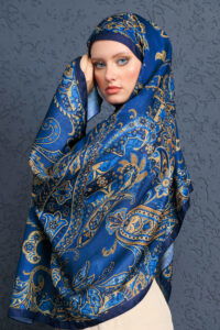 İnci Gecesi Desen Pamuk İpek Şal-10004-GECE MAVİSİ