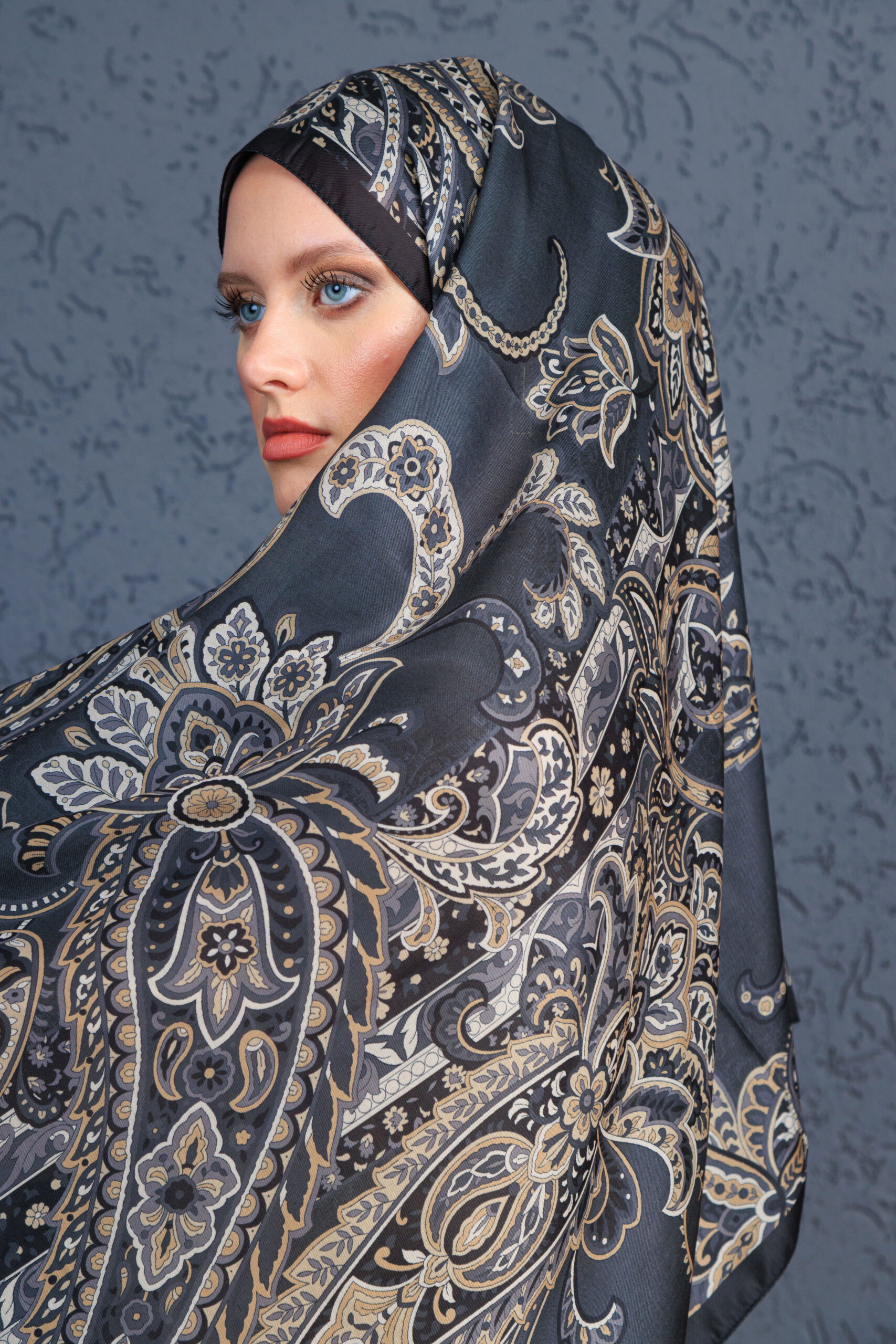 İnci Gecesi Desen Pamuk İpek Şal-10004-FÜME - Görsel 5