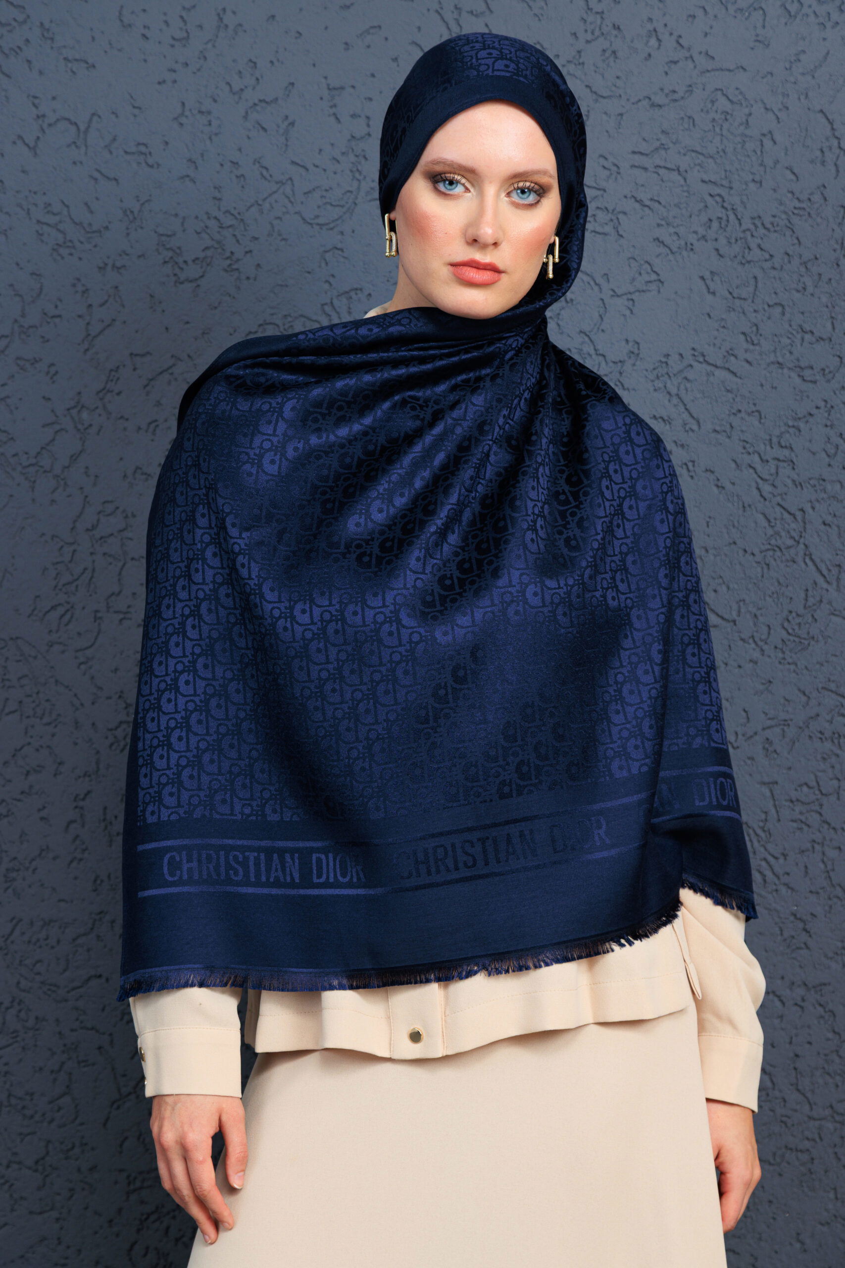 Dior İthal Yün İpek Şal Tam Set Kutulu Sertifikalı-Lacivert - Görsel 2