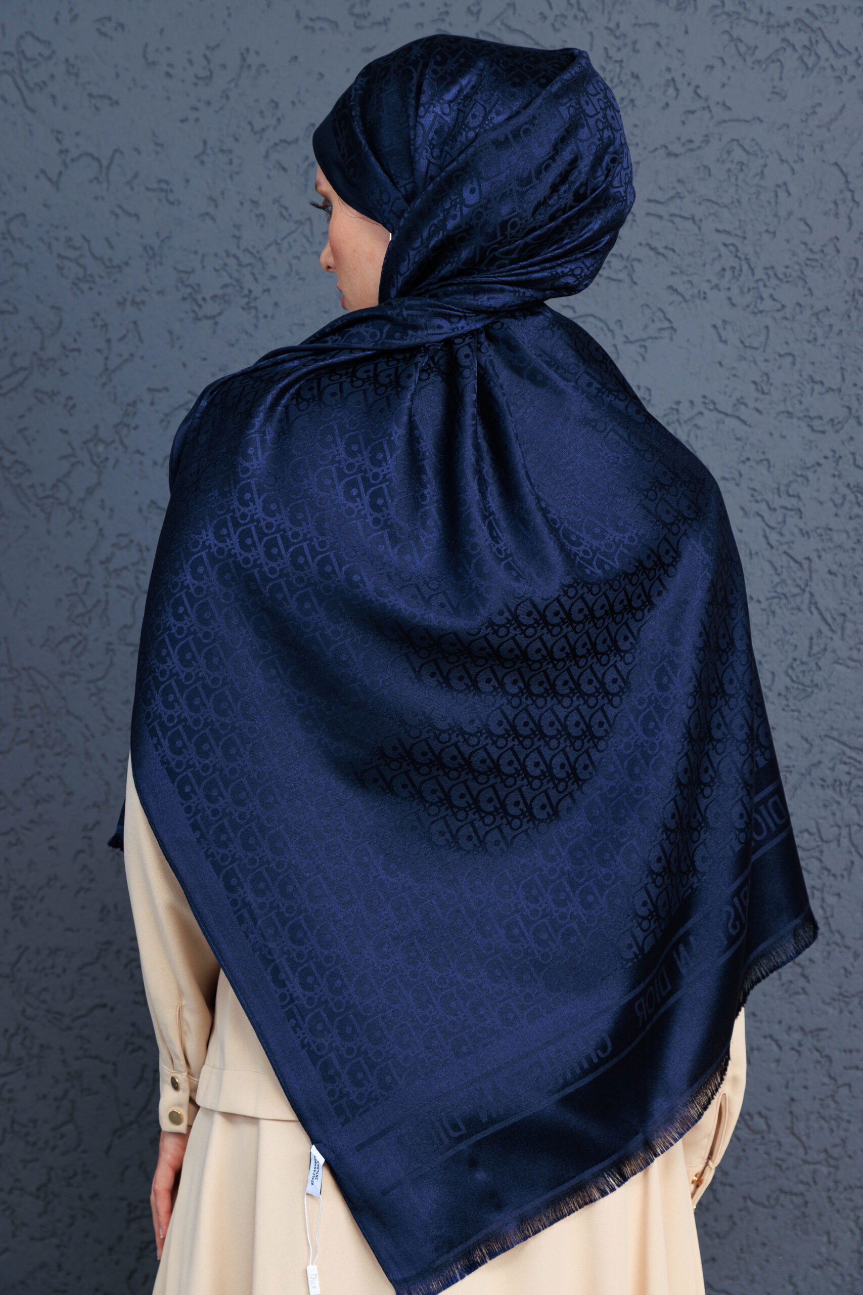 Dior İthal Yün İpek Şal Tam Set Kutulu Sertifikalı-Lacivert - Görsel 3
