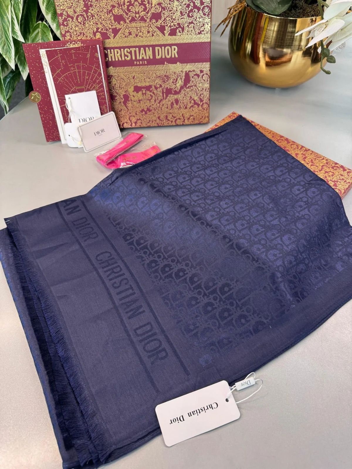 Dior İthal Yün İpek Şal Tam Set Kutulu Sertifikalı-Lacivert - Görsel 5