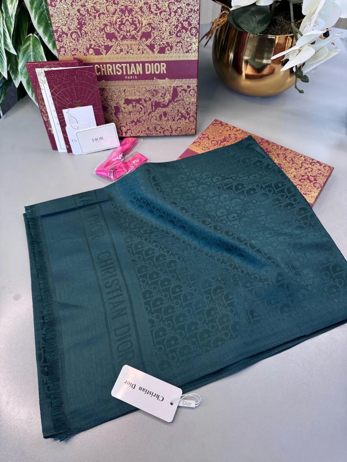 Dior İthal Yün İpek Şal Tam Set Kutulu Sertifikalı-Zümrüt - Görsel 4