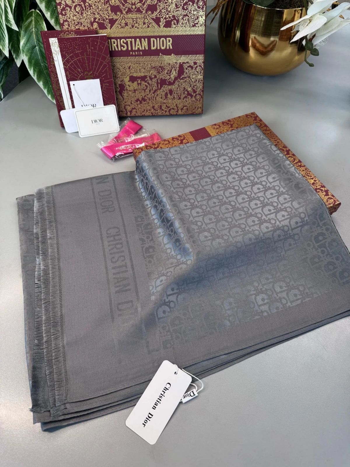 Dior İthal Yün İpek Şal Tam Set Kutulu Sertifikalı-Antrasit - Görsel 5