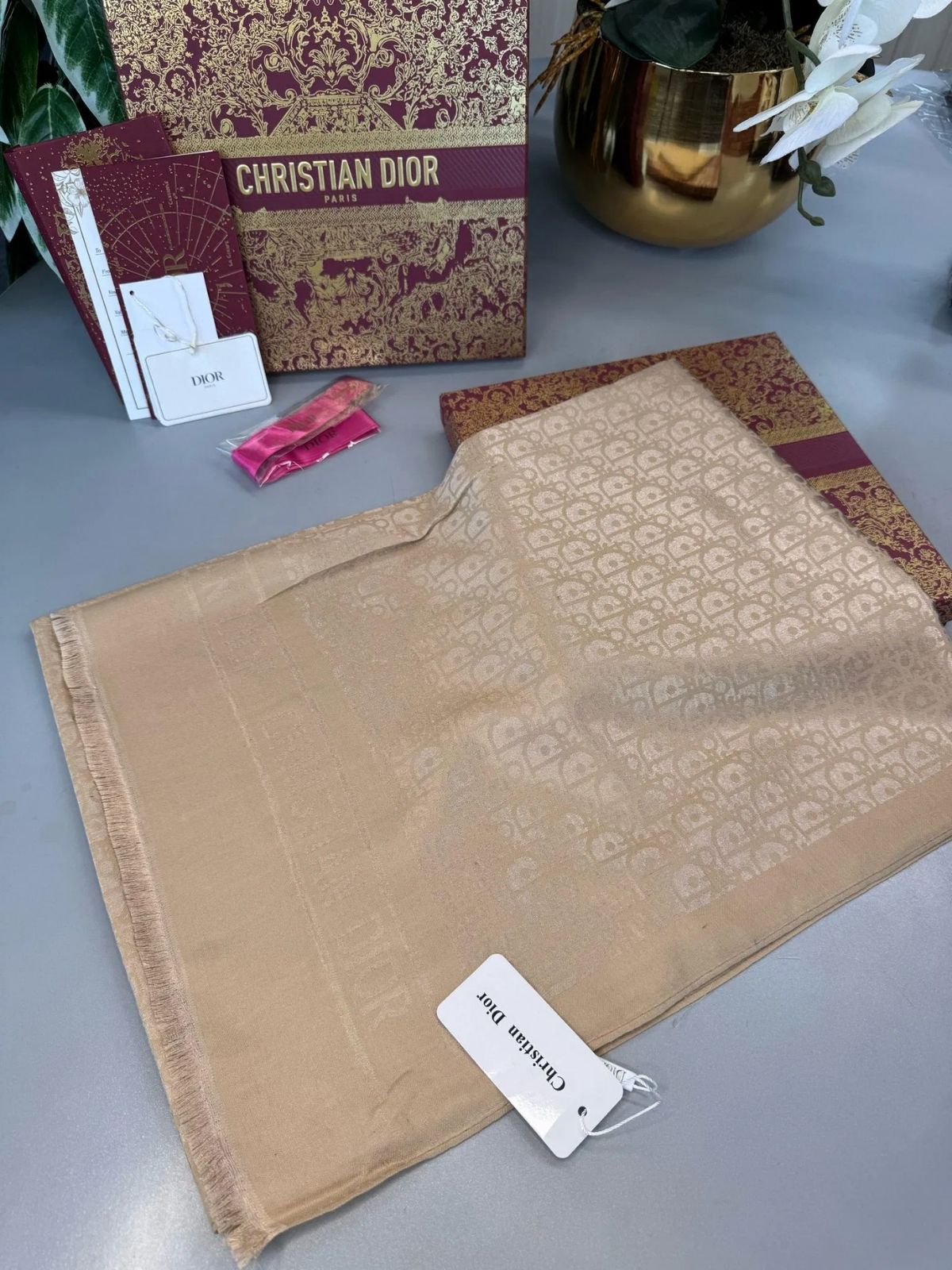 Dior İthal Yün İpek Şal Tam Set Kutulu Sertifikalı-Gold - Görsel 4
