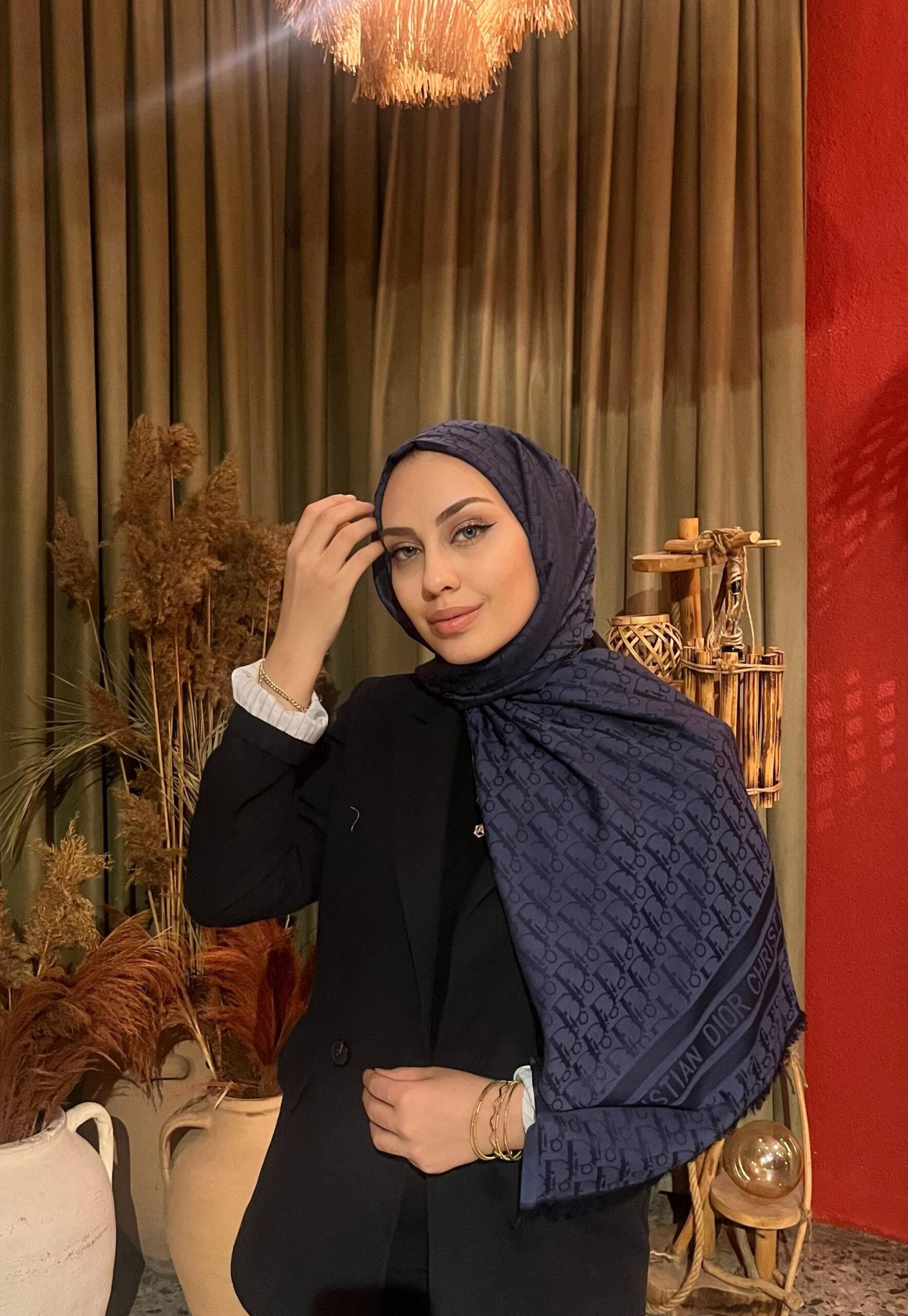 Dior Desenli İpek Kaşmir Çift Taraflı Şal 78002 – Lacivert