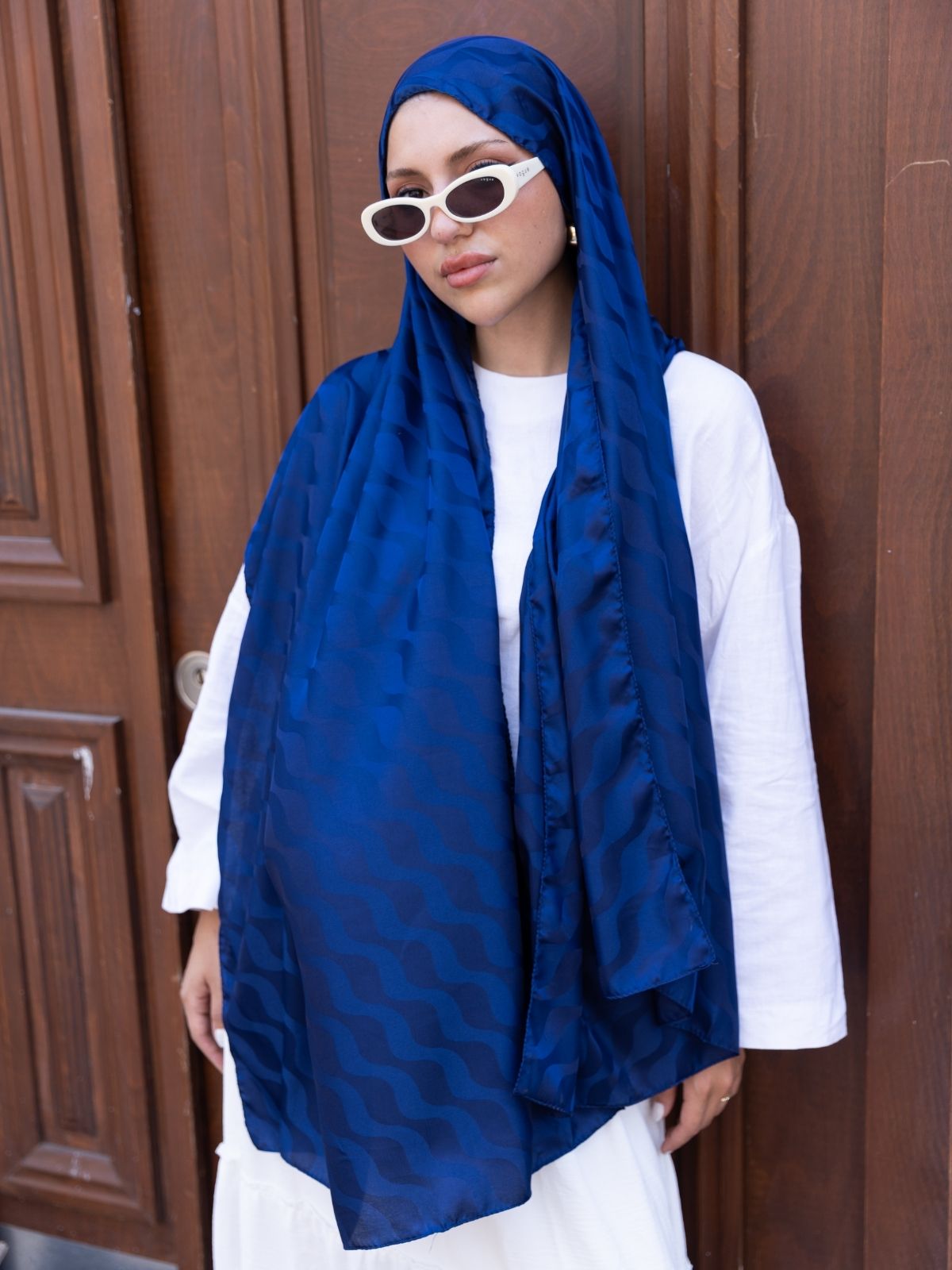 Yansıma Desen Pamuk İpeksi Jakar Şal-53354-Lacivert