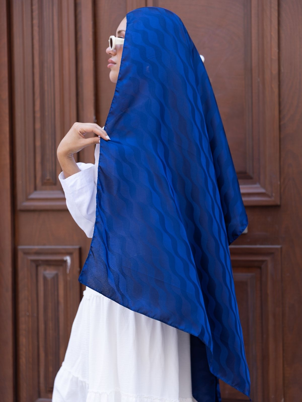 Yansıma Desen Pamuk İpeksi Jakar Şal-53354-Lacivert - Görsel 2